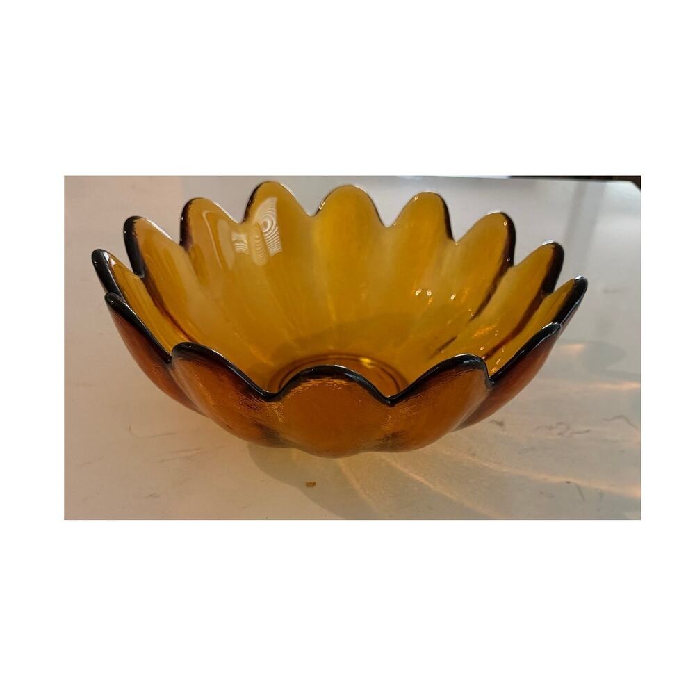 Vintage Blenko Mid-Century Handblown Amber Glass Lotus Petal Centerpiece Bowl